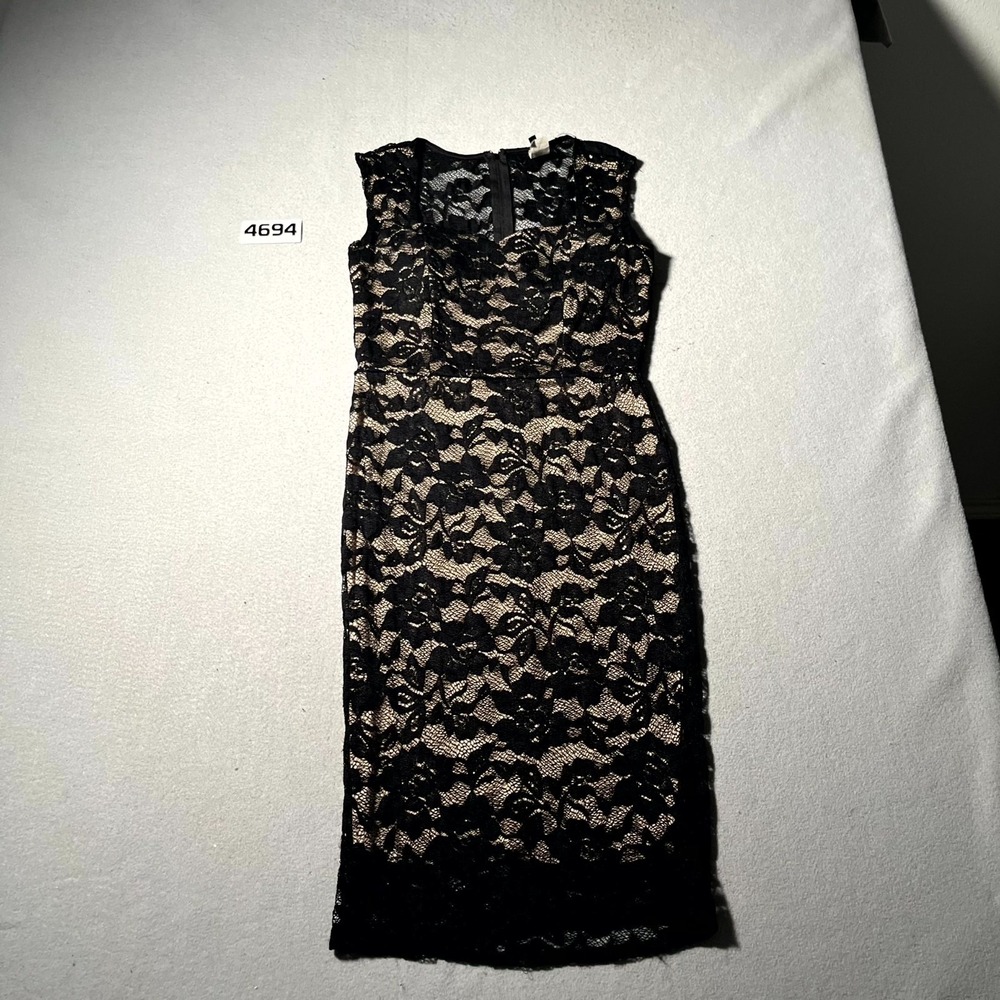Frenze Sheath Dress Womens Medium Black‎ Beige Lace Floral Round Neck Back Zip